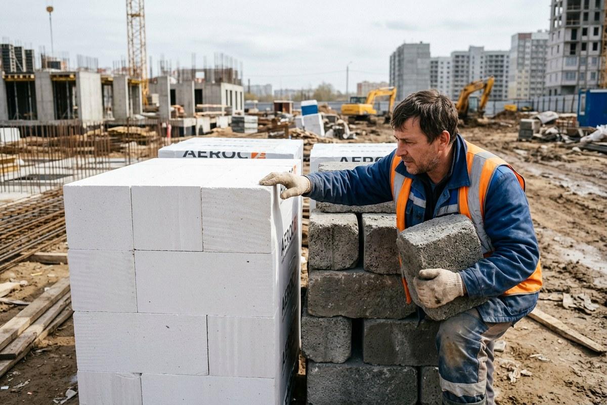 Сравнение белого автоклавного газобетона и неавтоклавного пеноблока на стройплощадке